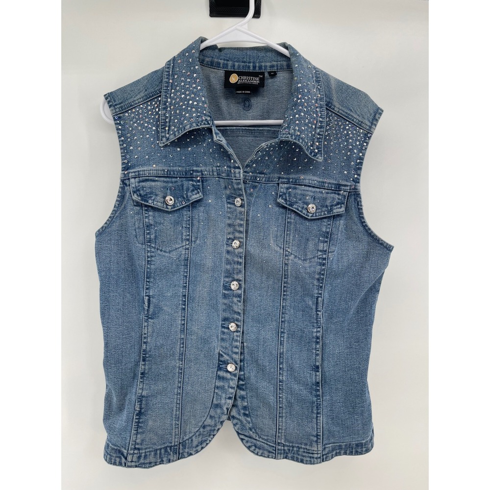 Christine Alexander Womens Medium Wash Rhinestone Embellished Denim Vest Size M